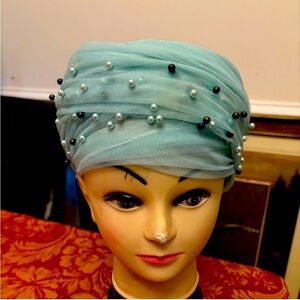 Mint Green Pearl-Embellished Head Scarf for Headwrap or Turban